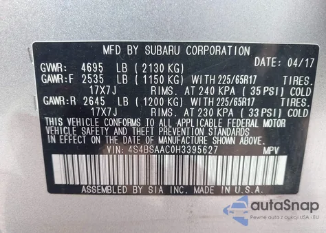 2017 Subaru Outback 2.5I from USA, damaged, VIN 4S4BSAAC0H3395627